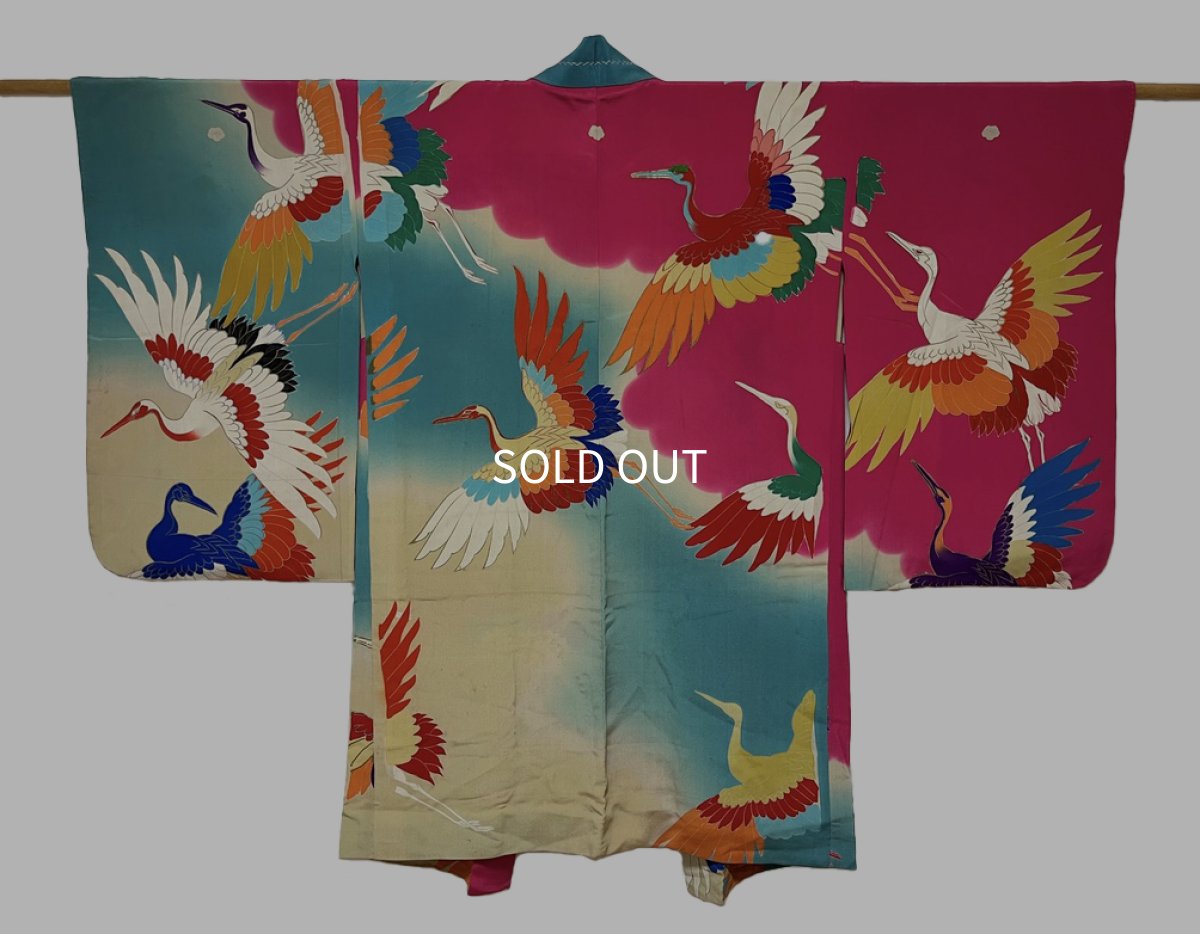 Photo1: JAPANESE KIMONO SILK ANTIQUE HAORI / CRANE / BLUE & BRIGHT MAGENTA (1)