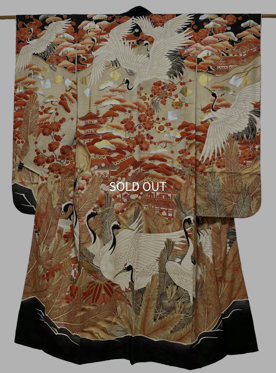Photo1: JAPANESE KIMONO SILK ANTIQUE FURISODE / SHO-CHIKU-BAI / FLYING CRANE / BLACK (1)