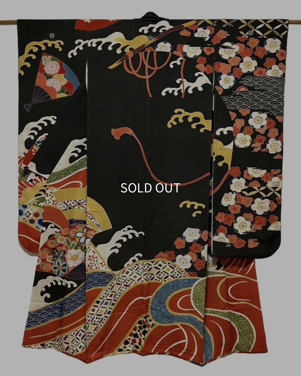 Photo1: JAPANESE KIMONO SILK ANTIQUE FURISODE / FAN & FLOWER / WAVE / BLACK (1)