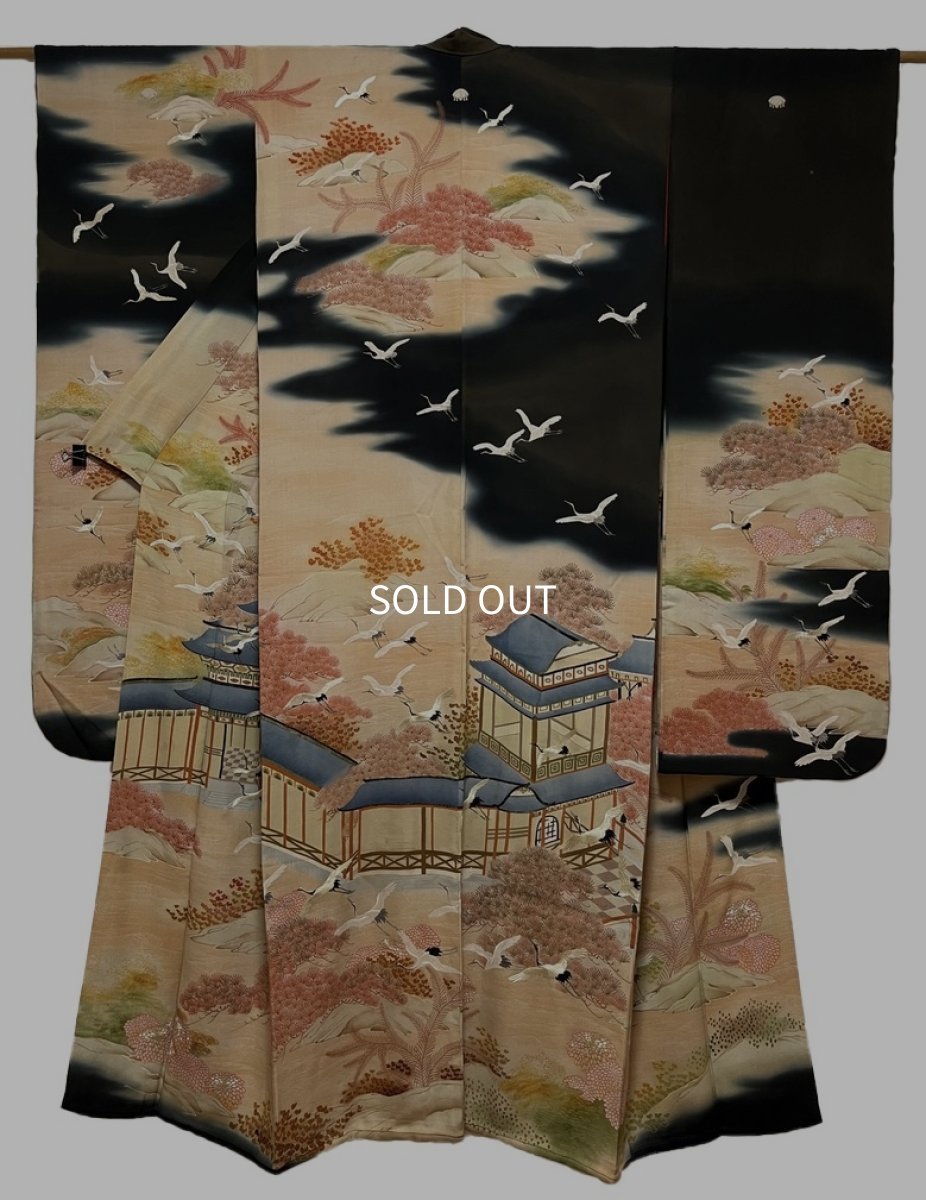 Photo1: JAPANESE KIMONO SILK ANTIQUE FURISODE / FLYING CRANE / BLACK (1)