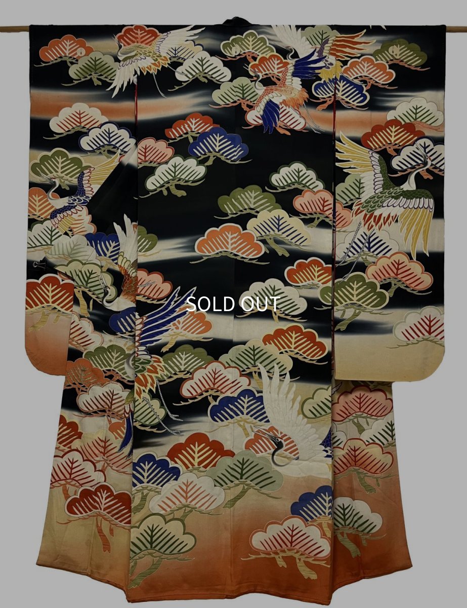 Photo1: JAPANESE KIMONO SILK ANTIQUE FURISODE / PINE TREE / FLYING CRANE / BLACK (1)