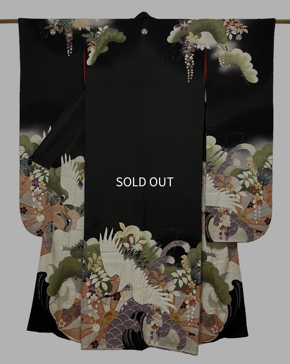 Photo1: JAPANESE KIMONO SILK ANTIQUE FURISODE / PINE / WISTERIA / CRANE / BLACK (1)