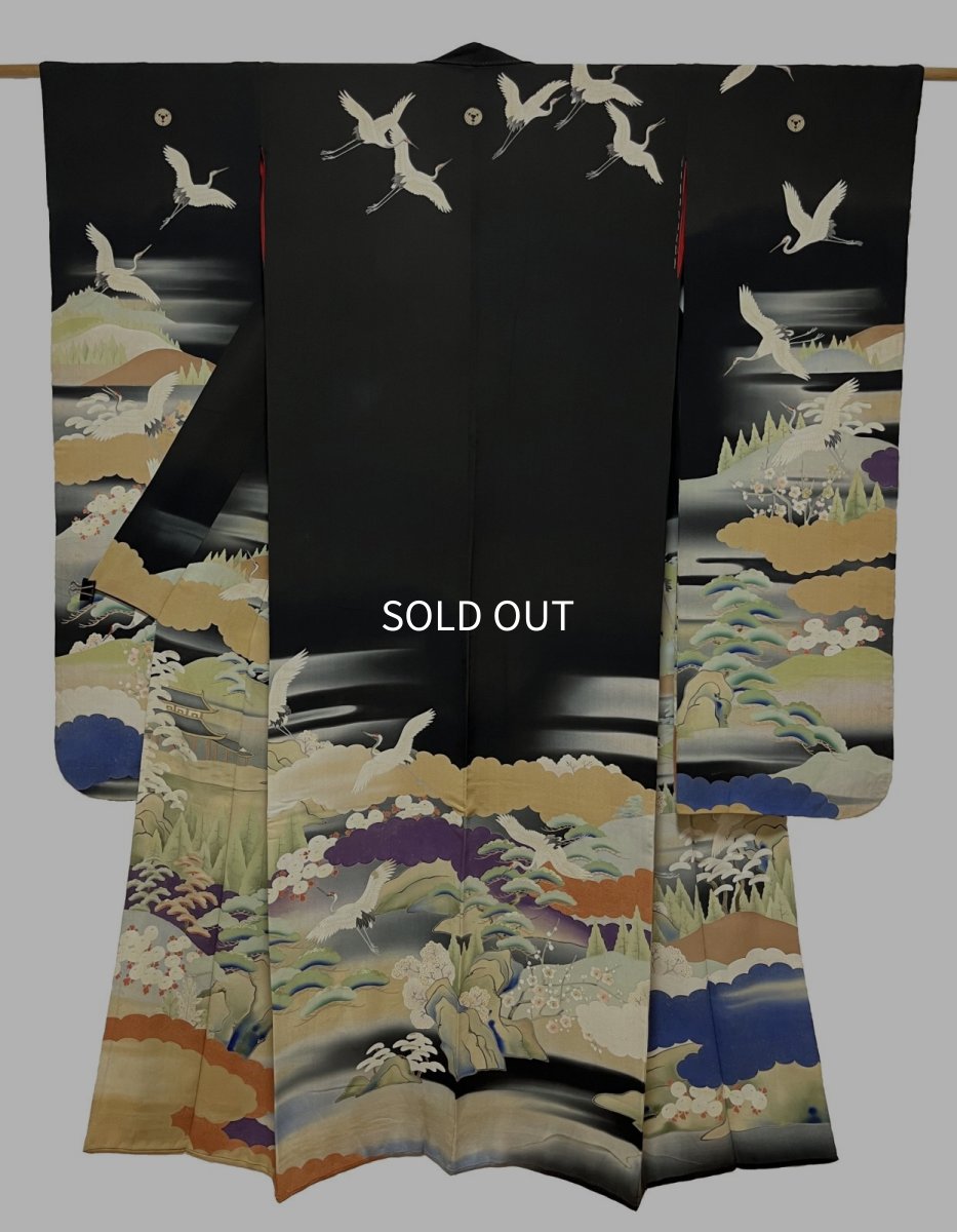 Photo1: JAPANESE KIMONO SILK ANTIQUE FURISODE / FLYING CRANE / PINE & UME TREE / BLACK  (1)