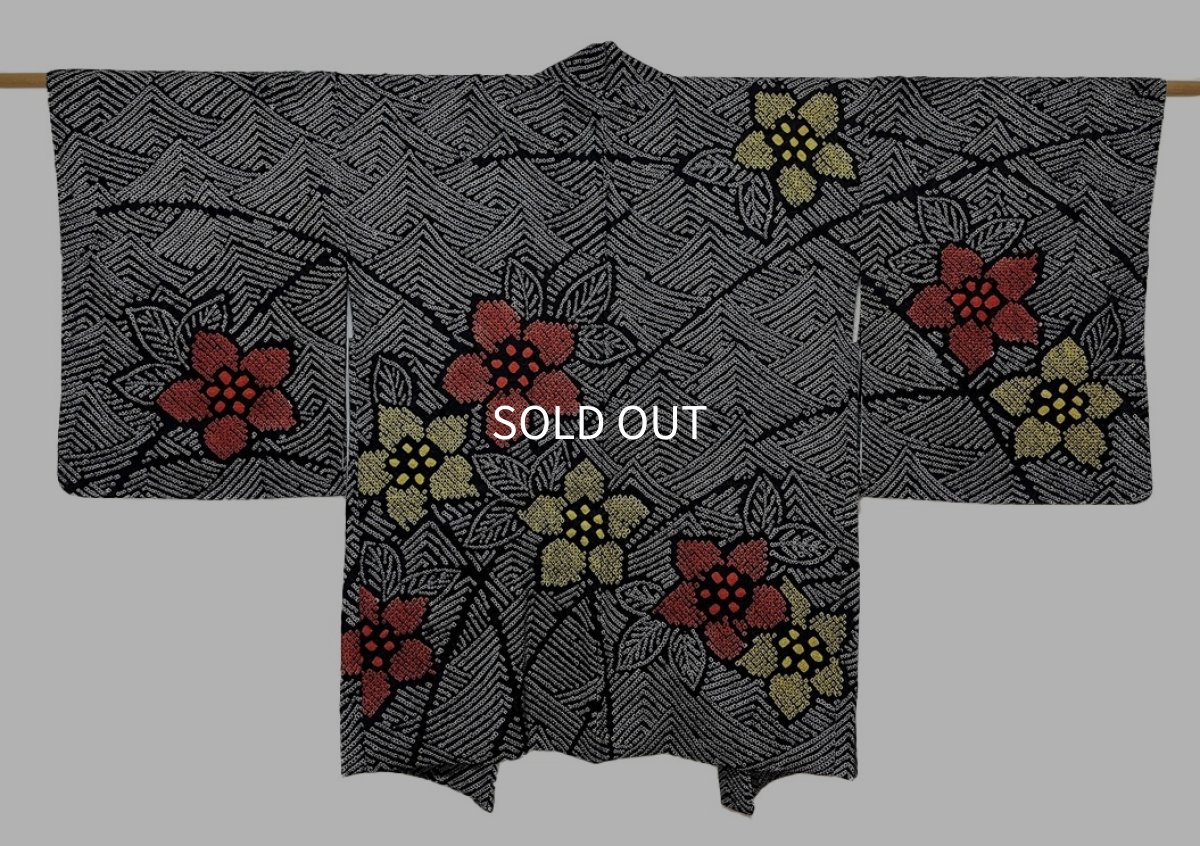 Photo1: JAPANESE KIMONO SILK HAORI / FULL SHIBORI / BLACK / RED & YELLOW (1)