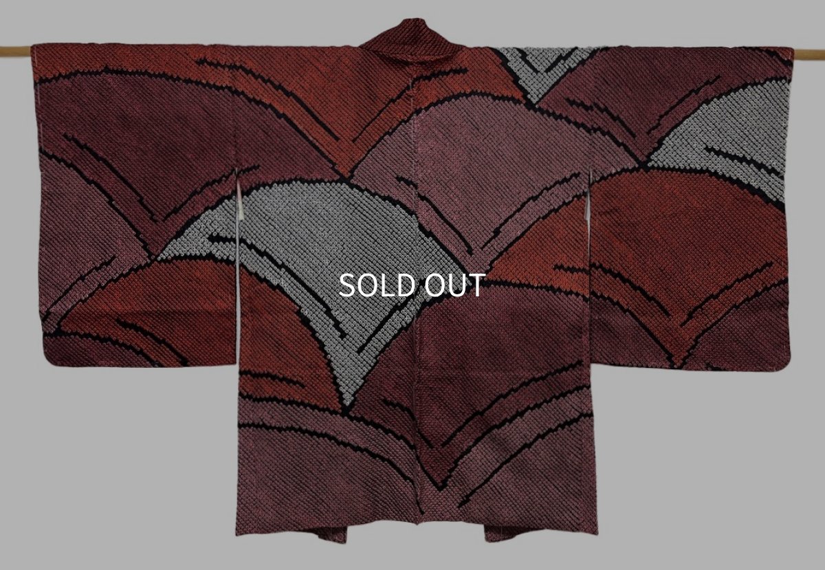 Photo1: JAPANESE KIMONO SILK HAORI / FULL SHIBORI / DARK PURPLE & RED (1)