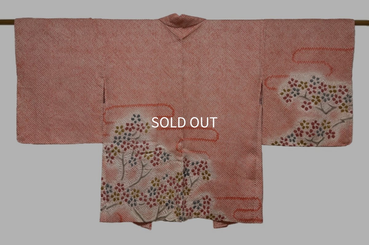Photo1: JAPANESE KIMONO SILK HAORI / FULL SHIBORI / EGASUMI / CORAL (1)