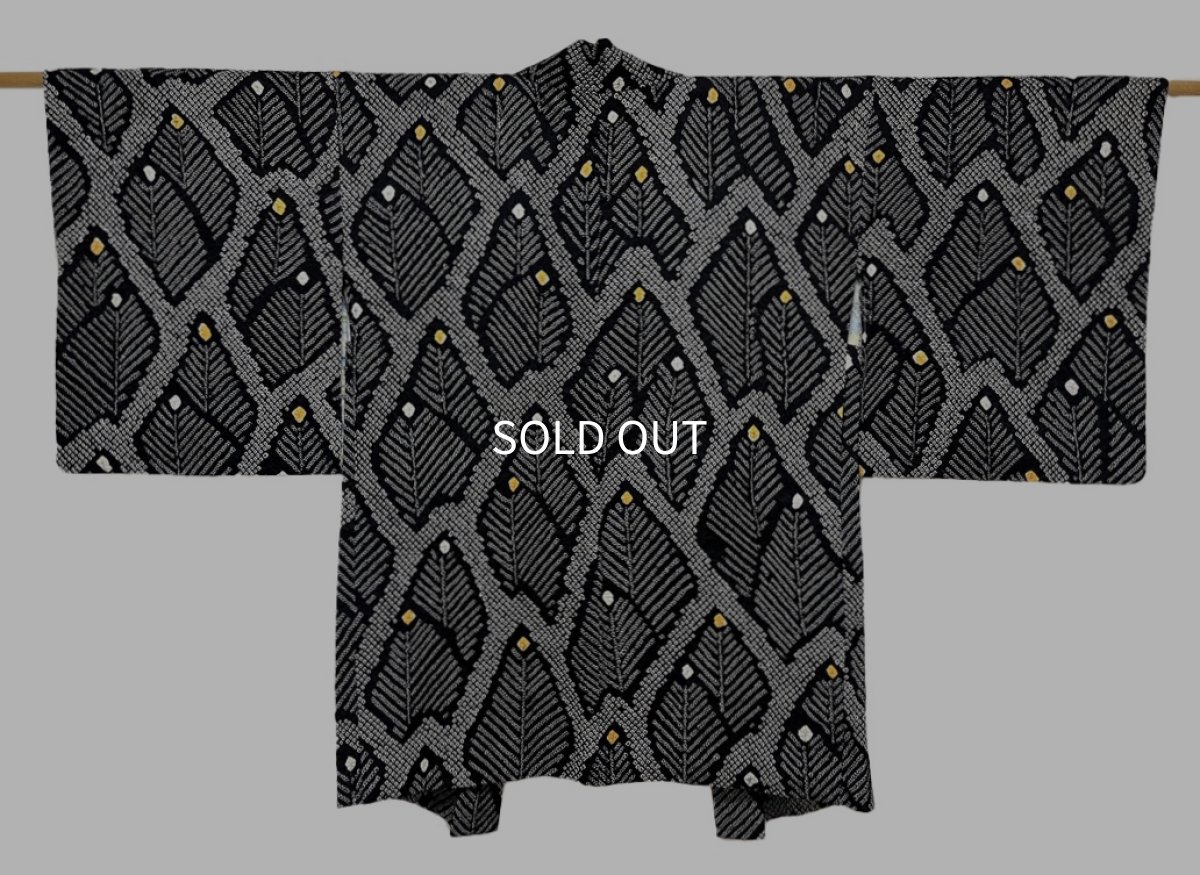 Photo1: JAPANESE KIMONO SILK HAORI / FULL SHIBORI / LEAF / BLACK (1)