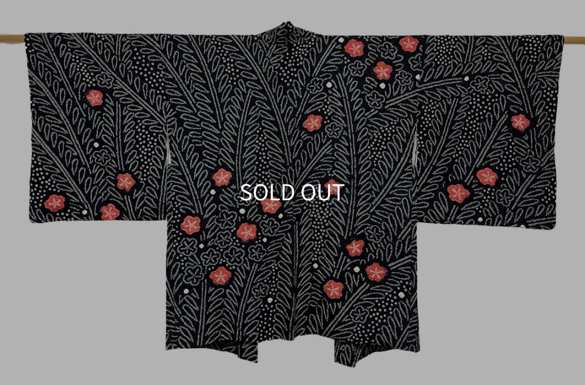 Photo1: JAPANESE KIMONO SILK HAORI / FULL SHIBORI / UME & WISTERIA / BLACK (1)