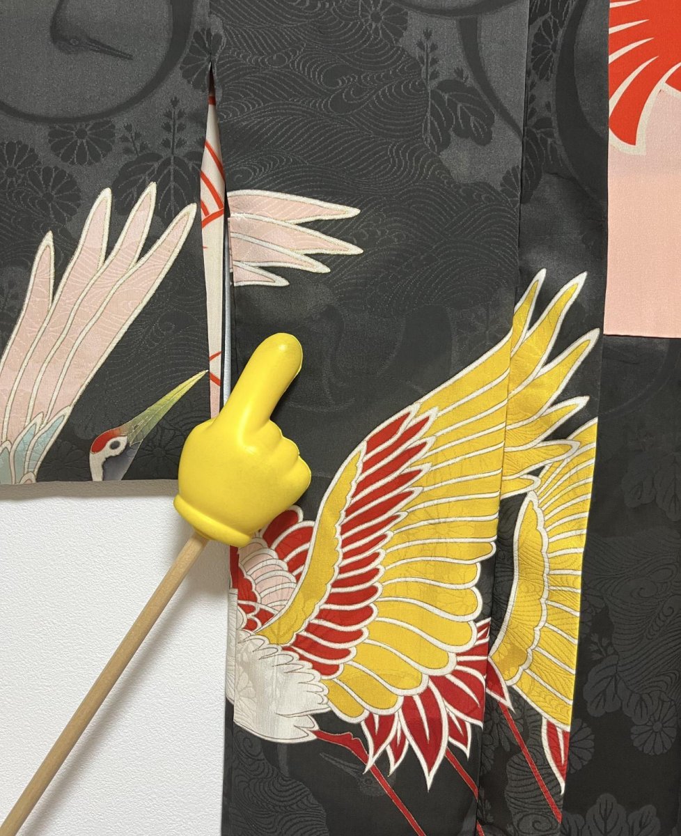 Photo12: JAPANESE KIMONO SILK ANTIQUE HAORI / FLYING CRANE / BLACK (12)