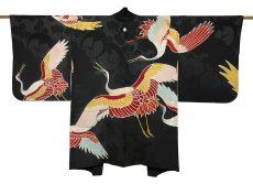 Photo1: JAPANESE KIMONO SILK ANTIQUE HAORI / FLYING CRANE / BLACK (1)