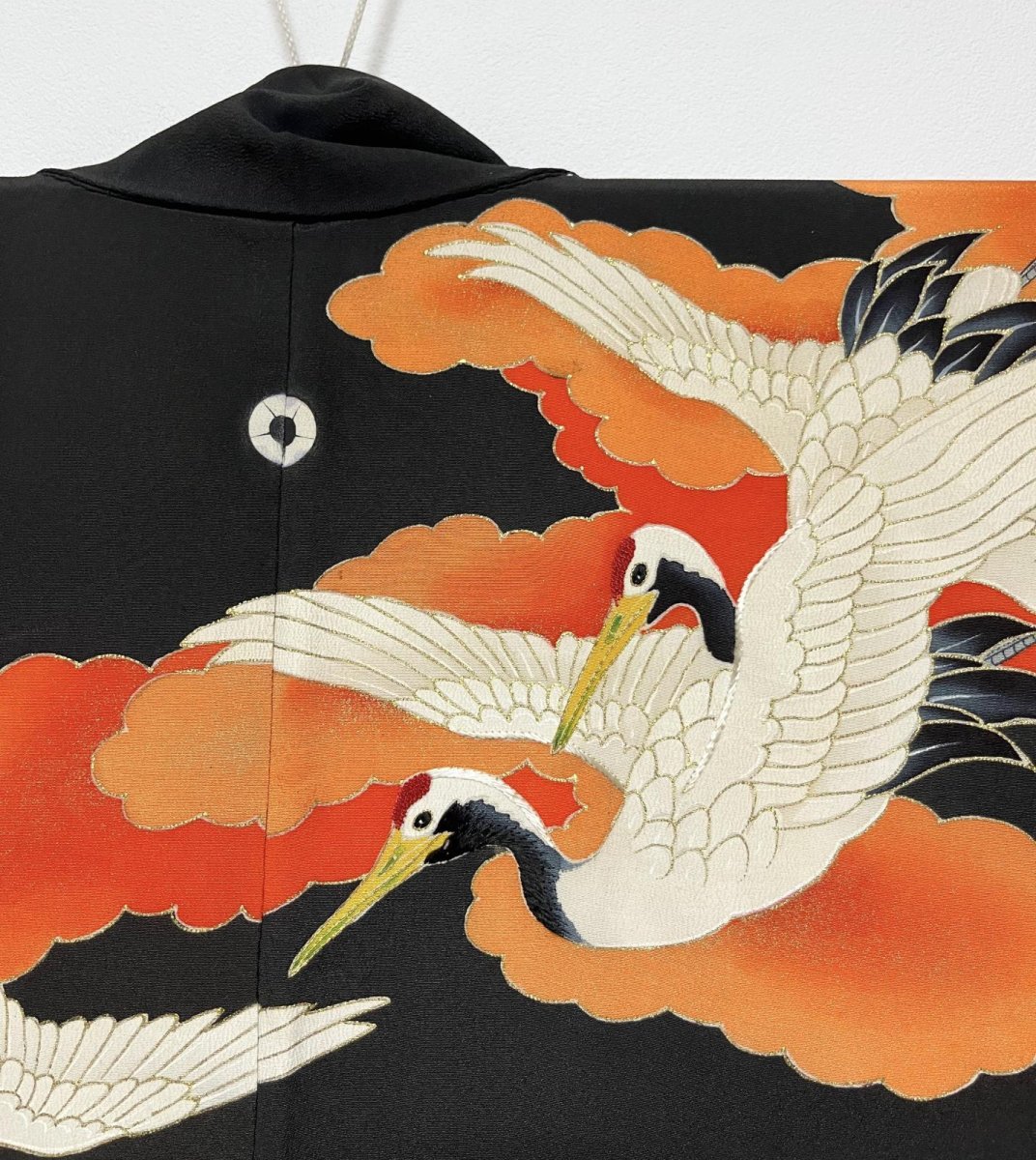 Photo5: JAPANESE KIMONO SILK ANTIQUE FURISODE / FLYING CRANE / WAVE / CLOUD / EMBROIDERY / BLACK & RED (5)