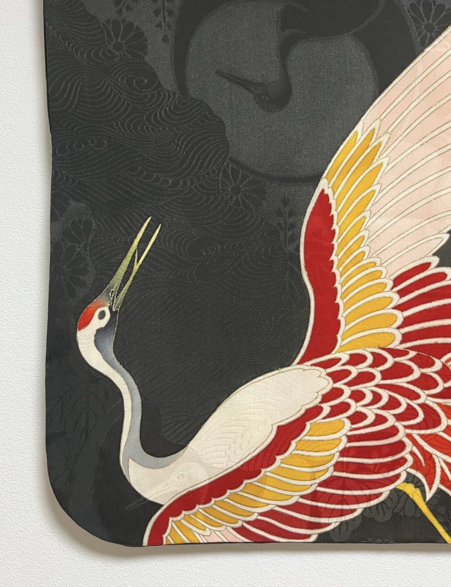 Photo9: JAPANESE KIMONO SILK ANTIQUE HAORI / FLYING CRANE / BLACK (9)