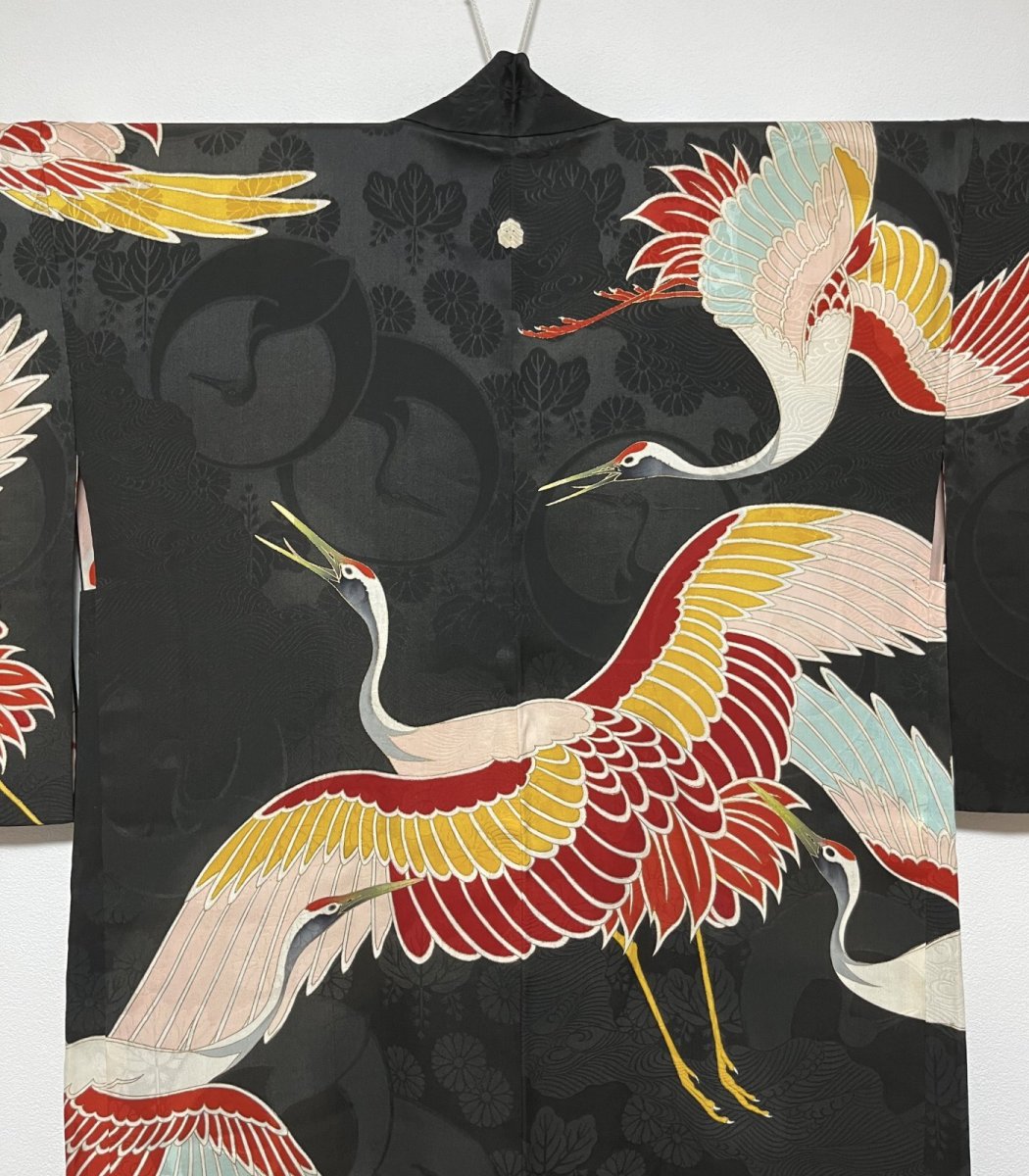 Photo5: JAPANESE KIMONO SILK ANTIQUE HAORI / FLYING CRANE / BLACK (5)