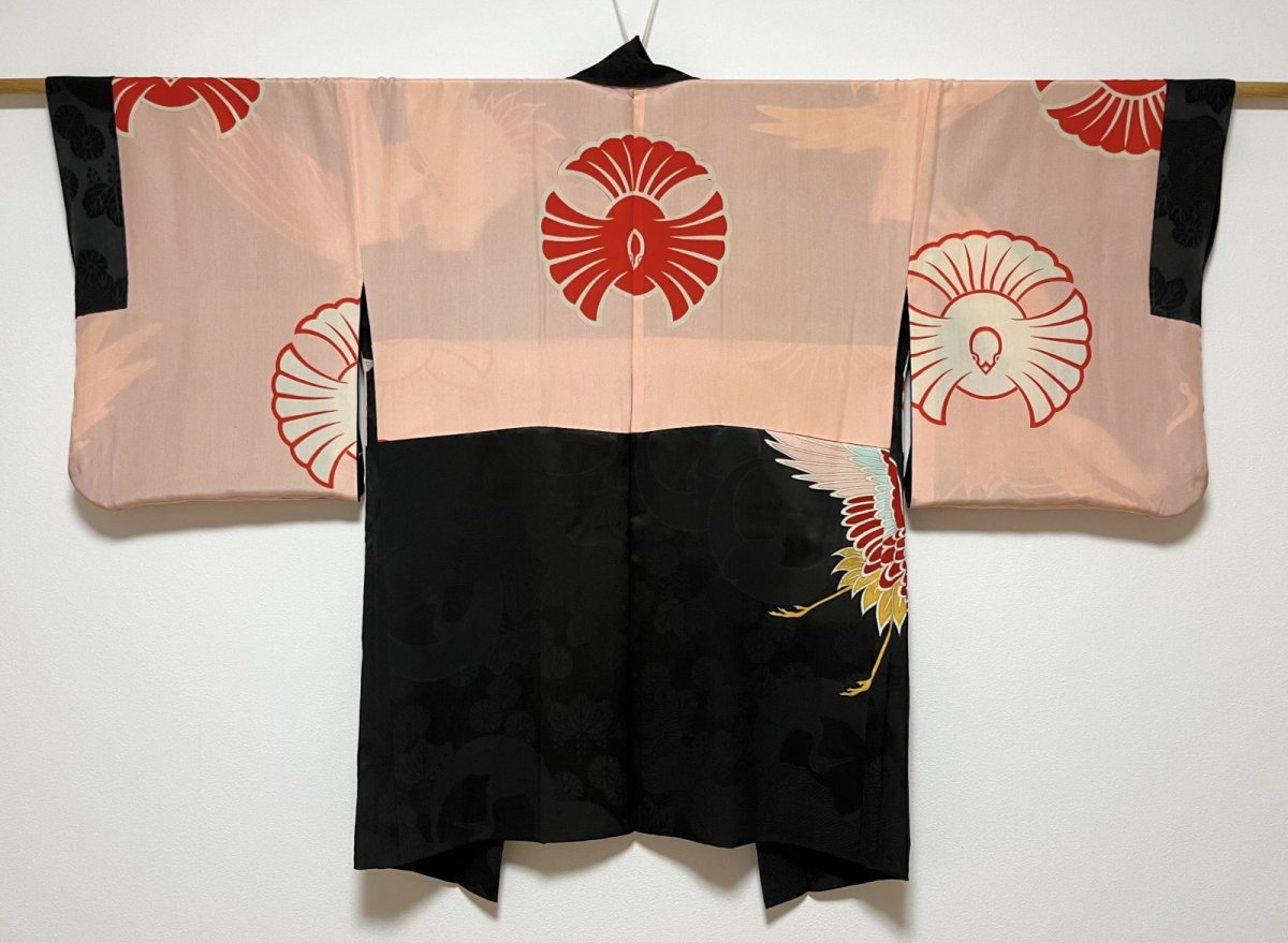 Photo3: JAPANESE KIMONO SILK ANTIQUE HAORI / FLYING CRANE / BLACK (3)