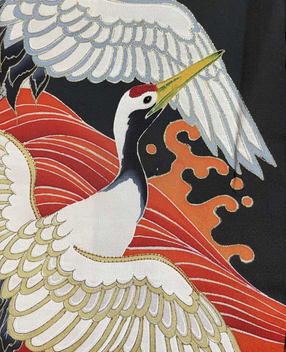 Photo10: JAPANESE KIMONO SILK ANTIQUE FURISODE / FLYING CRANE / WAVE / CLOUD / EMBROIDERY / BLACK & RED (10)