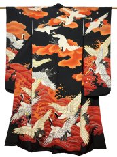 Photo1: JAPANESE KIMONO SILK ANTIQUE FURISODE / FLYING CRANE / WAVE / CLOUD / EMBROIDERY / BLACK & RED (1)