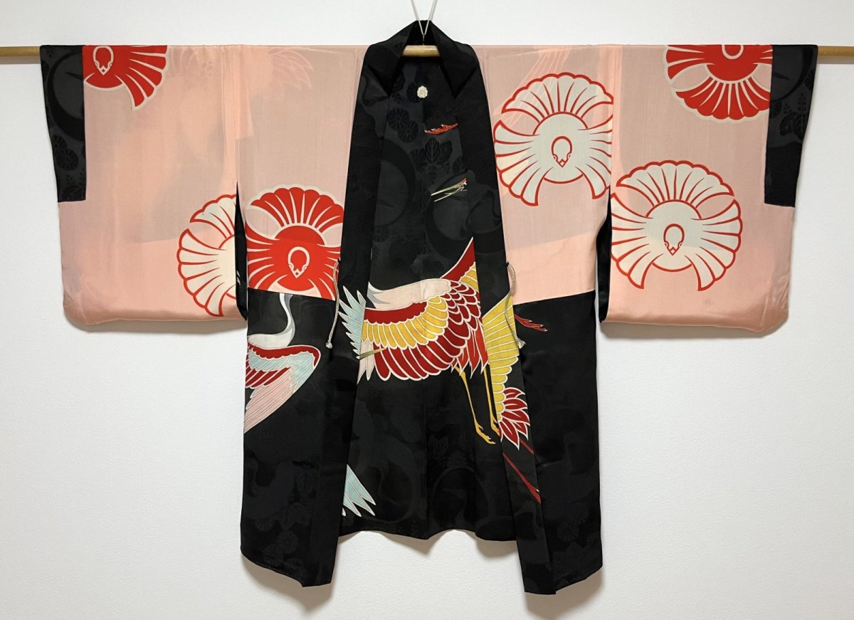 Photo4: JAPANESE KIMONO SILK ANTIQUE HAORI / FLYING CRANE / BLACK (4)