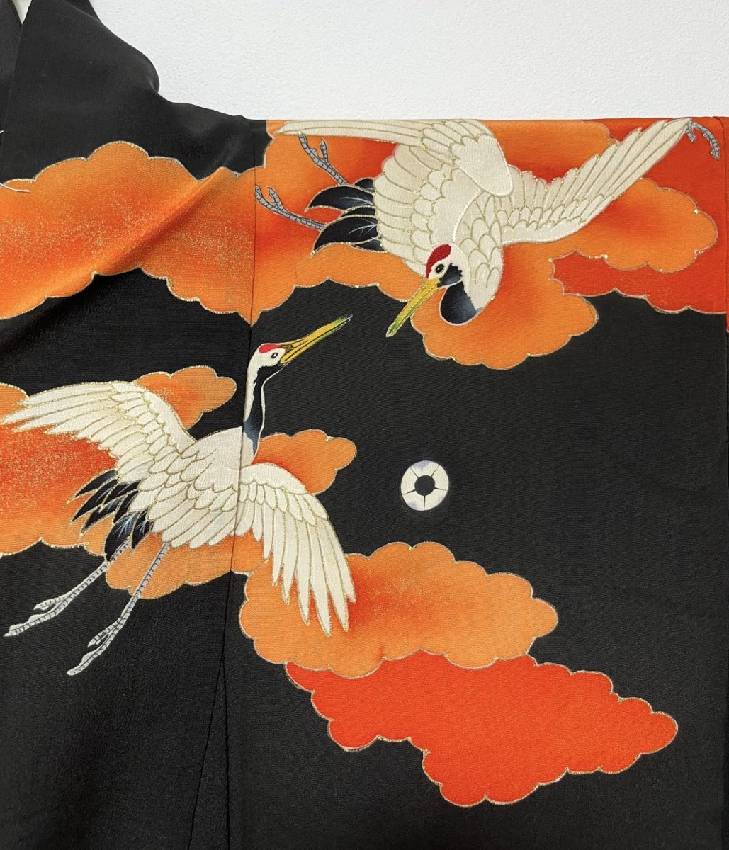 Photo11: JAPANESE KIMONO SILK ANTIQUE FURISODE / FLYING CRANE / WAVE / CLOUD / EMBROIDERY / BLACK & RED (11)