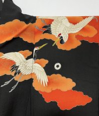 Photo11: JAPANESE KIMONO SILK ANTIQUE FURISODE / FLYING CRANE / WAVE / CLOUD / EMBROIDERY / BLACK & RED (11)