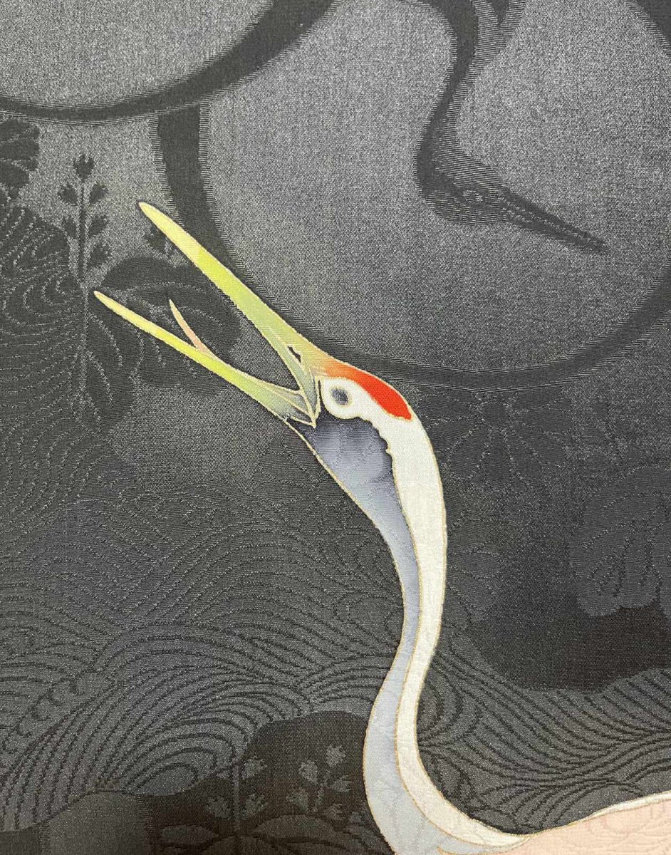 Photo8: JAPANESE KIMONO SILK ANTIQUE HAORI / FLYING CRANE / BLACK (8)