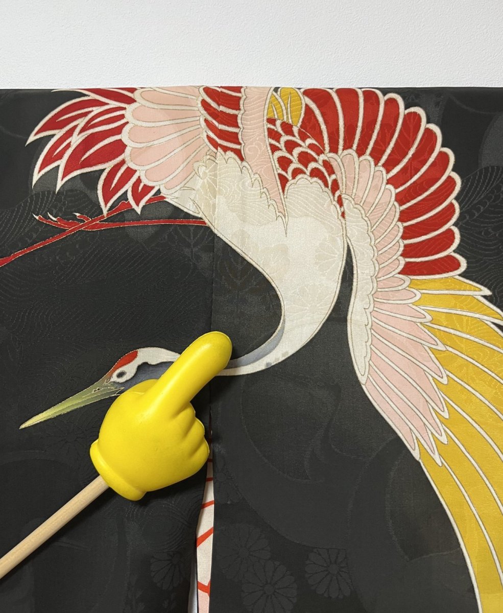 Photo13: JAPANESE KIMONO SILK ANTIQUE HAORI / FLYING CRANE / BLACK (13)