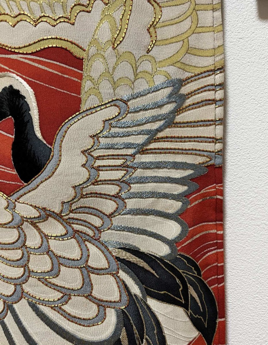 Photo15: JAPANESE KIMONO SILK ANTIQUE FURISODE / FLYING CRANE / WAVE / CLOUD / EMBROIDERY / BLACK & RED (15)