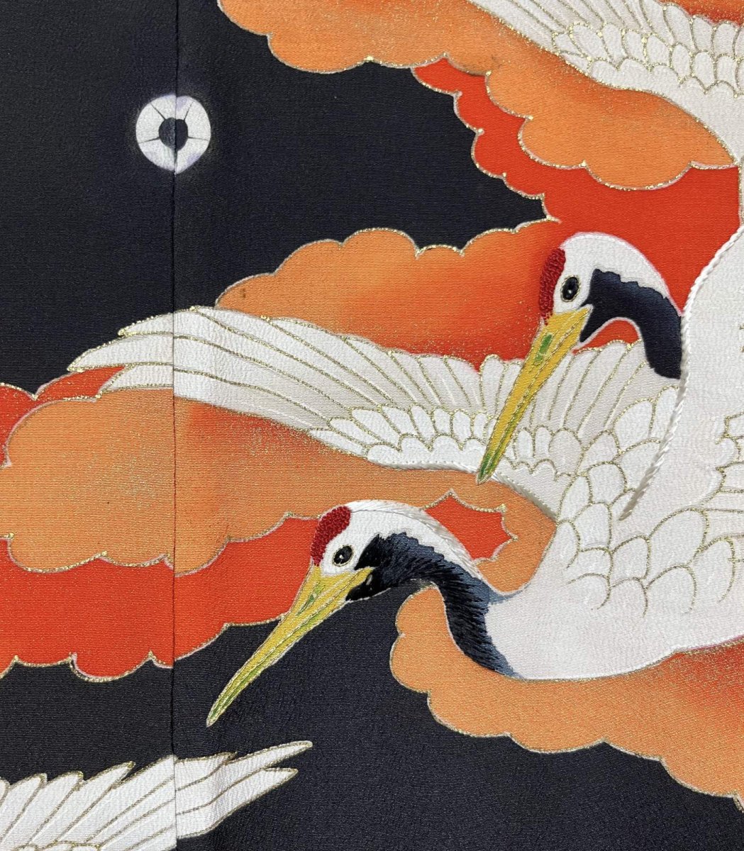 Photo6: JAPANESE KIMONO SILK ANTIQUE FURISODE / FLYING CRANE / WAVE / CLOUD / EMBROIDERY / BLACK & RED (6)