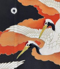 Photo6: JAPANESE KIMONO SILK ANTIQUE FURISODE / FLYING CRANE / WAVE / CLOUD / EMBROIDERY / BLACK & RED (6)