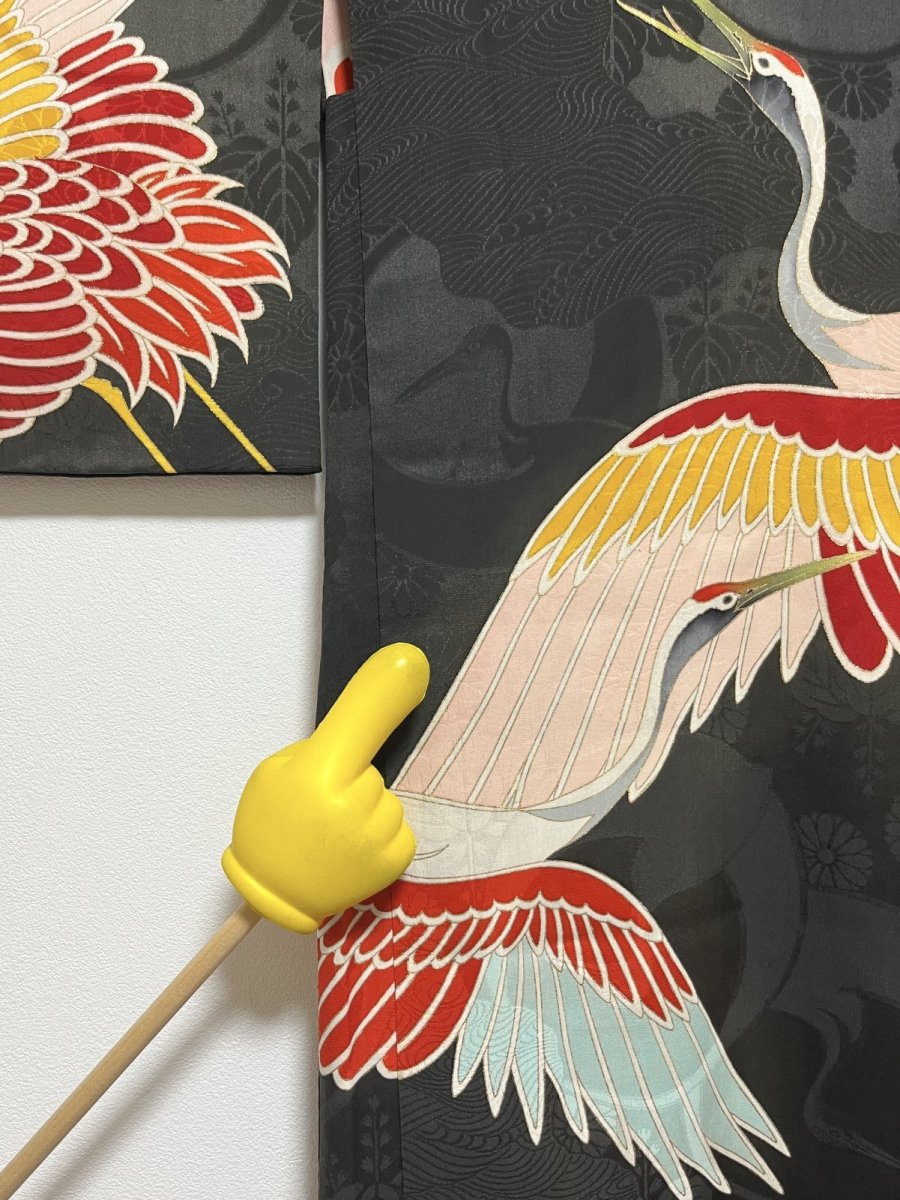 Photo11: JAPANESE KIMONO SILK ANTIQUE HAORI / FLYING CRANE / BLACK (11)