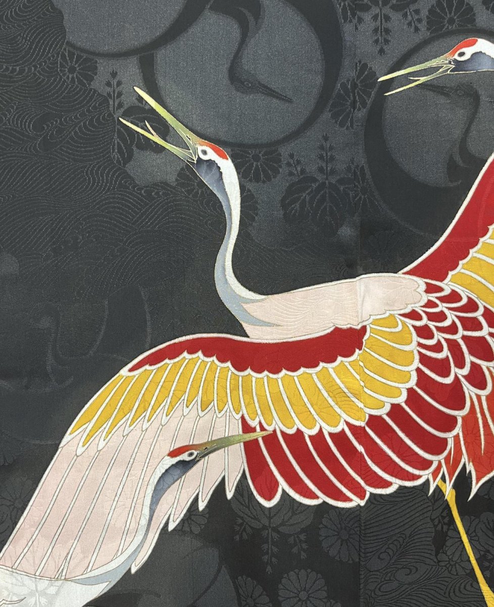 Photo7: JAPANESE KIMONO SILK ANTIQUE HAORI / FLYING CRANE / BLACK (7)