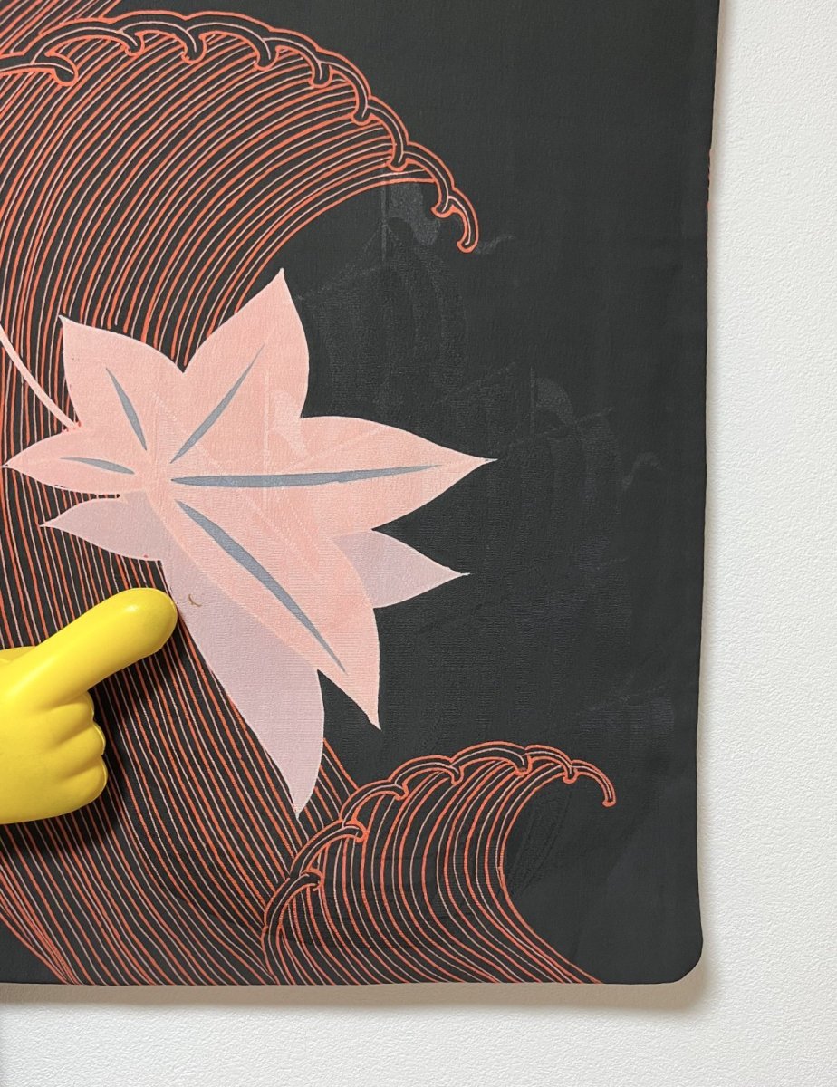 Photo15: JAPANESE KIMONO SILK ANTIQUE HAORI / MOMIJI & BIG WAVE / SAIL SHIP / BLACK (15)