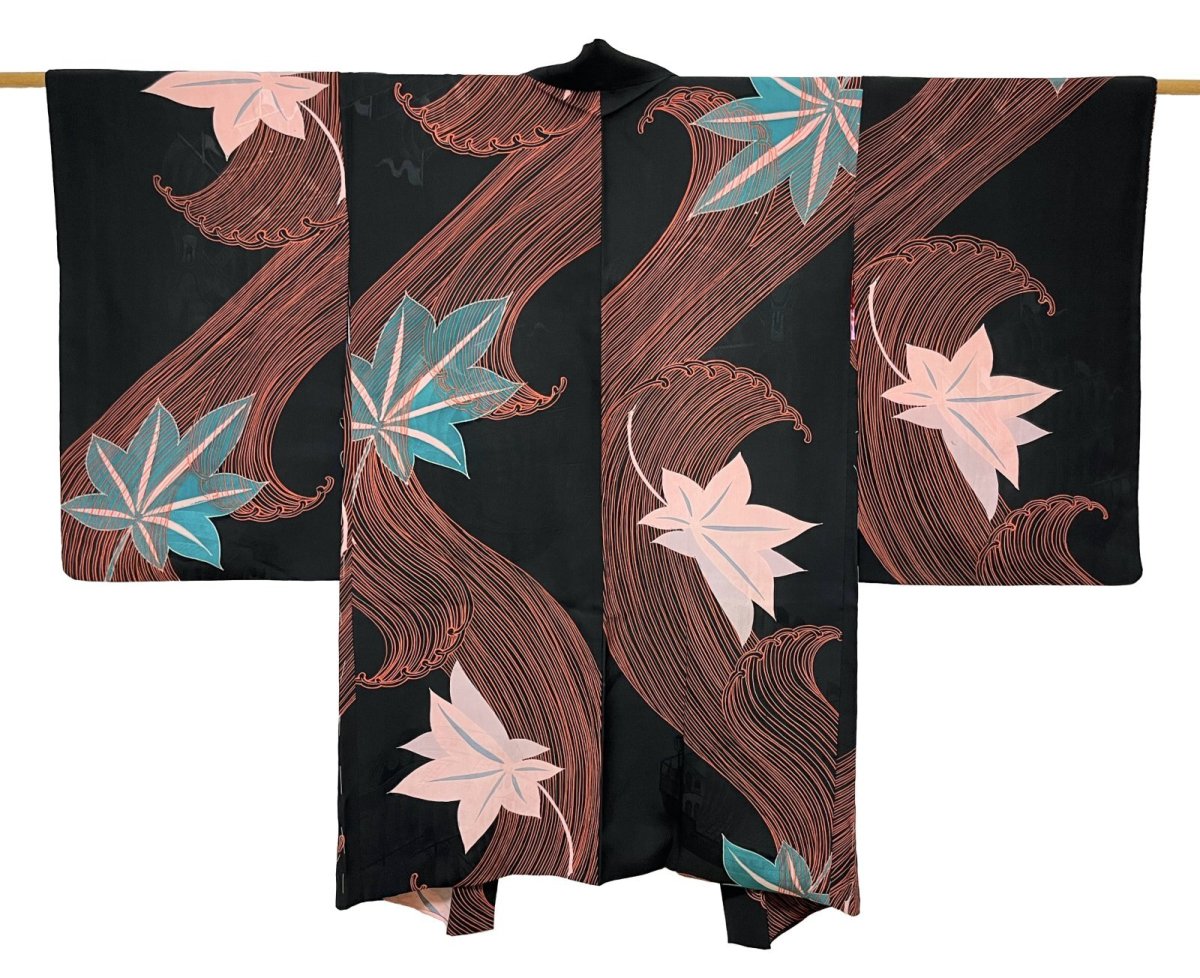 Photo1: JAPANESE KIMONO SILK ANTIQUE HAORI / MOMIJI & BIG WAVE / SAIL SHIP / BLACK (1)