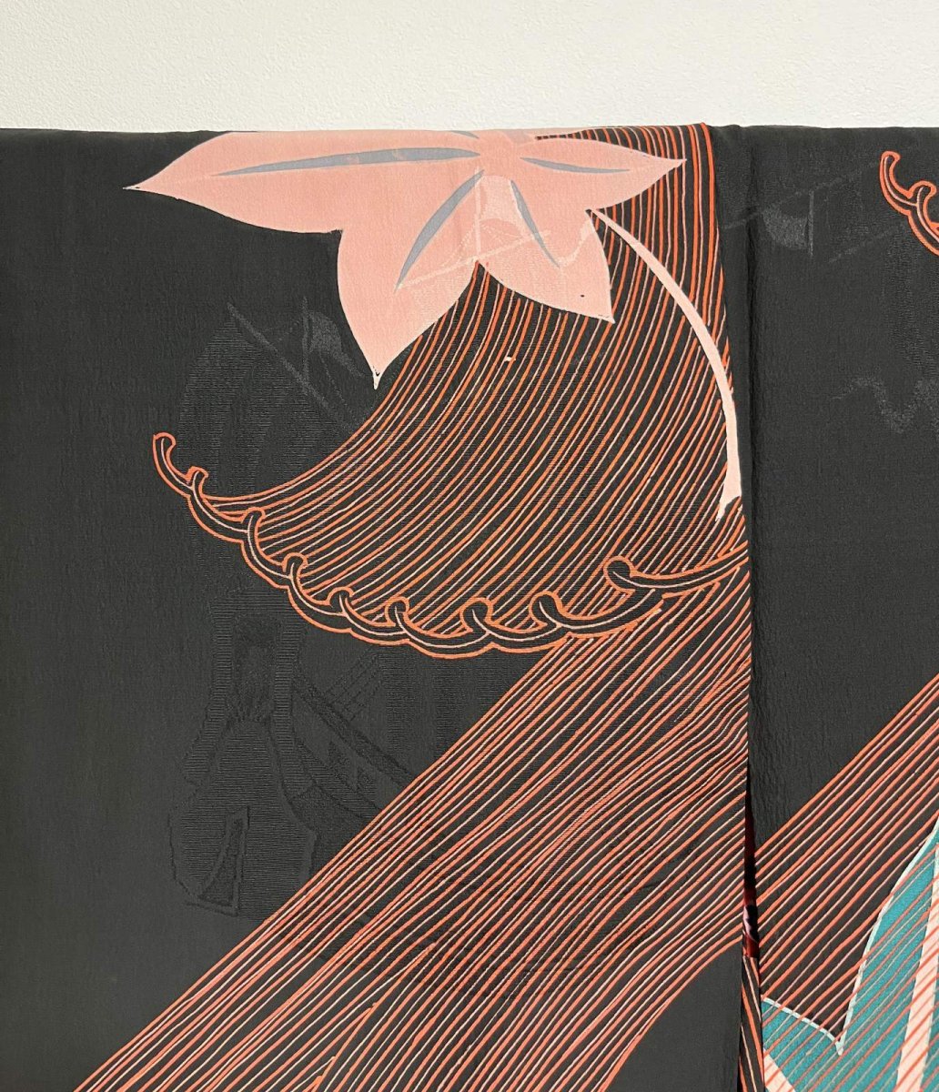 Photo9: JAPANESE KIMONO SILK ANTIQUE HAORI / MOMIJI & BIG WAVE / SAIL SHIP / BLACK (9)