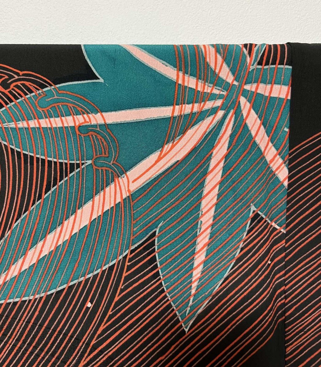 Photo10: JAPANESE KIMONO SILK ANTIQUE HAORI / MOMIJI & BIG WAVE / SAIL SHIP / BLACK (10)