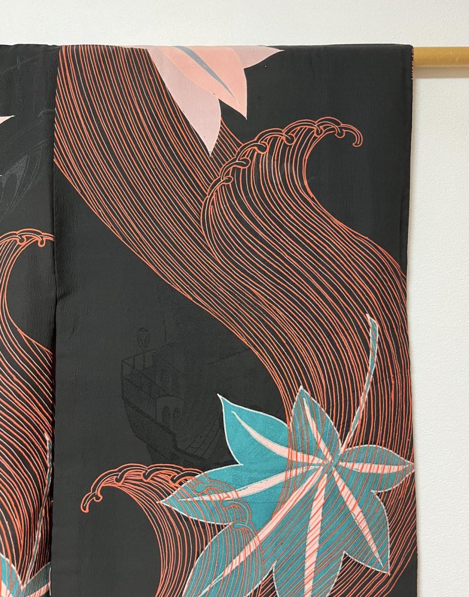 Photo7: JAPANESE KIMONO SILK ANTIQUE HAORI / MOMIJI & BIG WAVE / SAIL SHIP / BLACK (7)