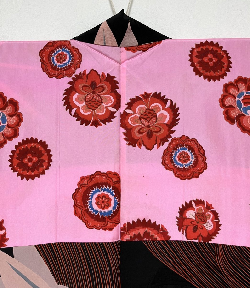 Photo11: JAPANESE KIMONO SILK ANTIQUE HAORI / MOMIJI & BIG WAVE / SAIL SHIP / BLACK (11)