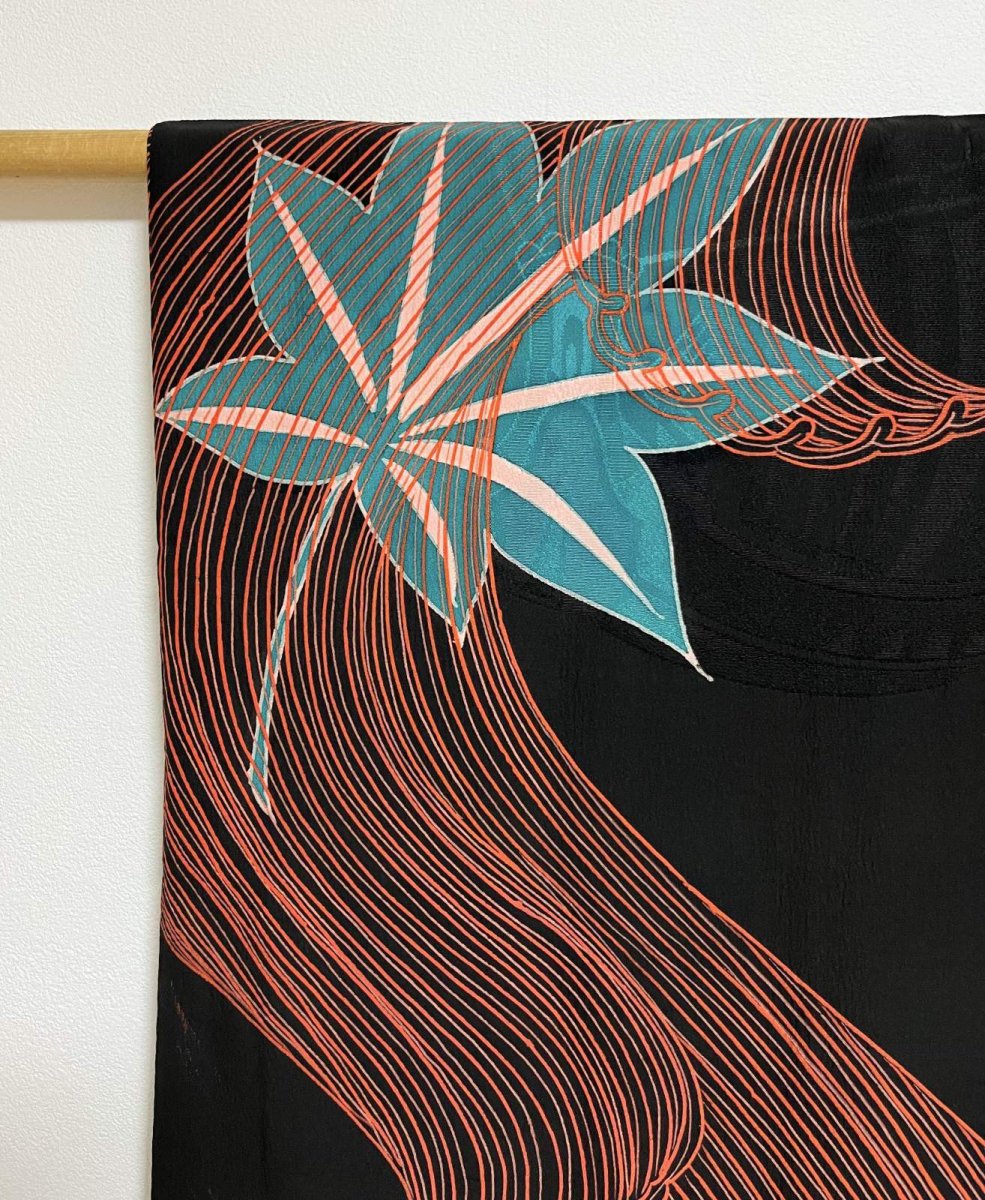 Photo8: JAPANESE KIMONO SILK ANTIQUE HAORI / MOMIJI & BIG WAVE / SAIL SHIP / BLACK (8)