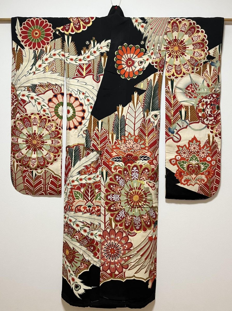 Photo2: JAPANESE KIMONO SILK ANTIQUE FURISODE / PHOENIX / CHRYSANTHEMUM / EMBROIDERY (2)