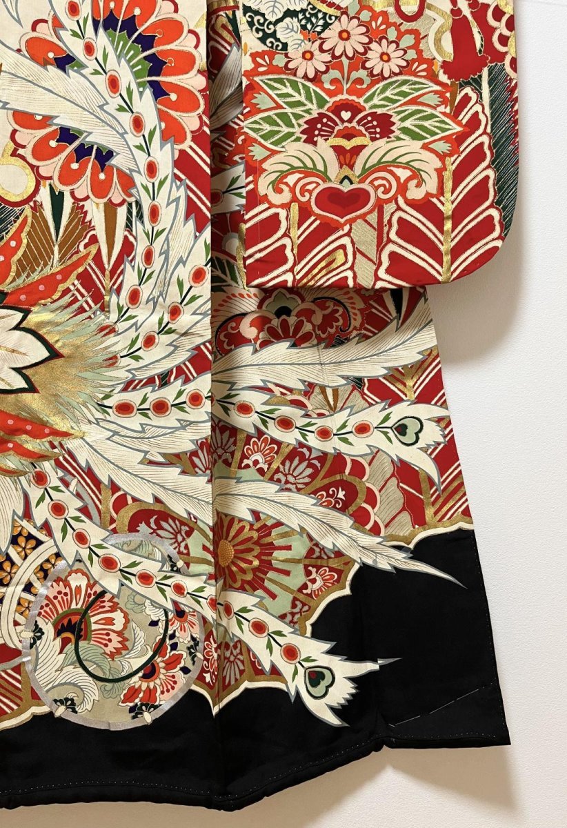 Photo8: JAPANESE KIMONO SILK ANTIQUE FURISODE / PHOENIX / CHRYSANTHEMUM / EMBROIDERY (8)