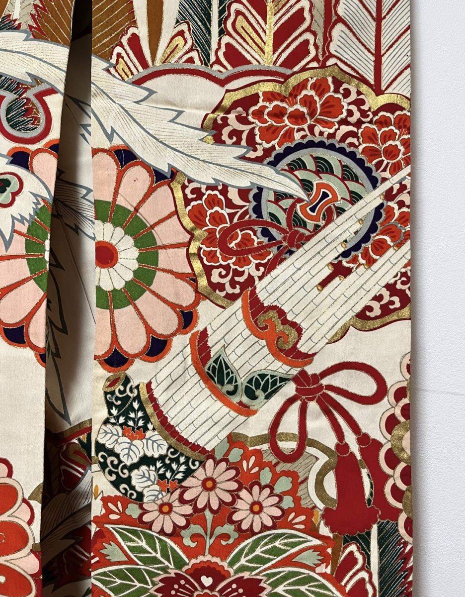 Photo6: JAPANESE KIMONO SILK ANTIQUE FURISODE / PHOENIX / CHRYSANTHEMUM / EMBROIDERY (6)