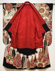 Photo3: JAPANESE KIMONO SILK ANTIQUE FURISODE / PHOENIX / CHRYSANTHEMUM / EMBROIDERY (3)