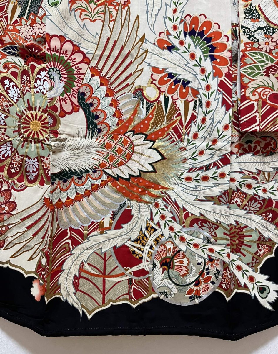 Photo7: JAPANESE KIMONO SILK ANTIQUE FURISODE / PHOENIX / CHRYSANTHEMUM / EMBROIDERY (7)