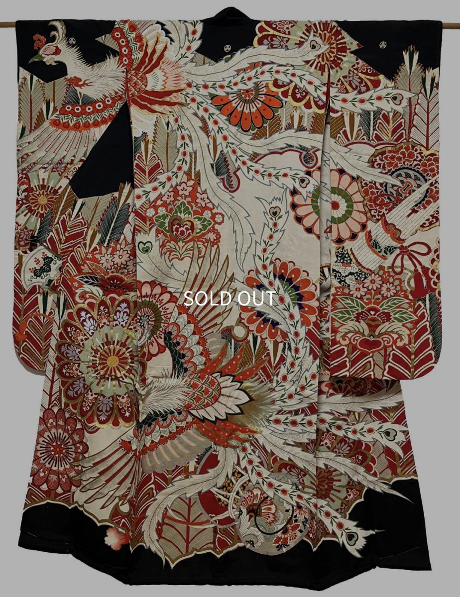Photo1: JAPANESE KIMONO SILK ANTIQUE FURISODE / PHOENIX / CHRYSANTHEMUM / EMBROIDERY (1)