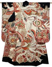 Photo1: JAPANESE KIMONO SILK ANTIQUE FURISODE / PHOENIX / CHRYSANTHEMUM / EMBROIDERY (1)