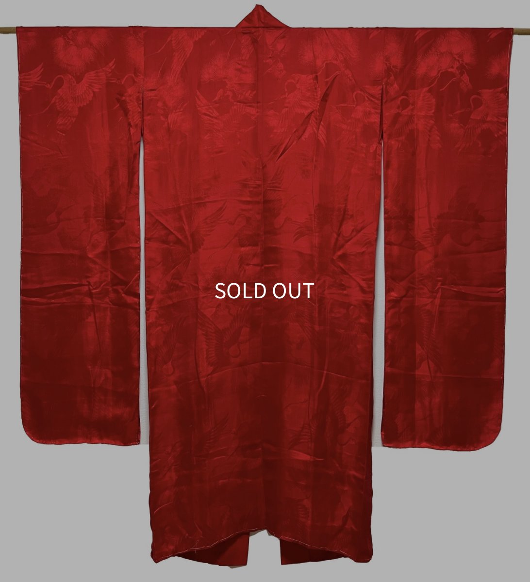 Photo1: JAPANESE KIMONO SILK ANTIQUE FURISODE JUBAN / RINZU / PINE TREE & FLYING CRANE / RINZU SILK (1)