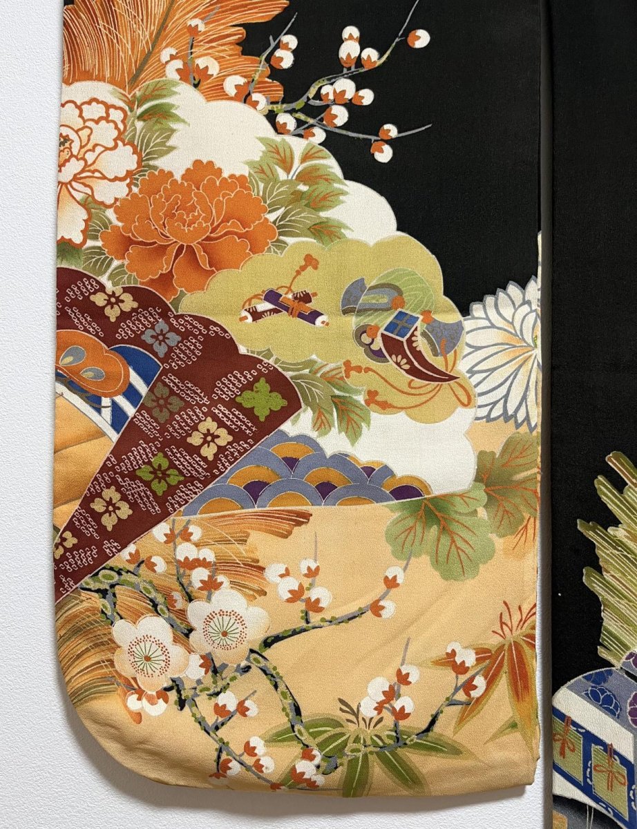 Photo11: JAPANESE KIMONO SILK ANTIQUE FURISODE / BLACK / SHO-CHIKU-BAI / GOSYOGURUMA  (11)