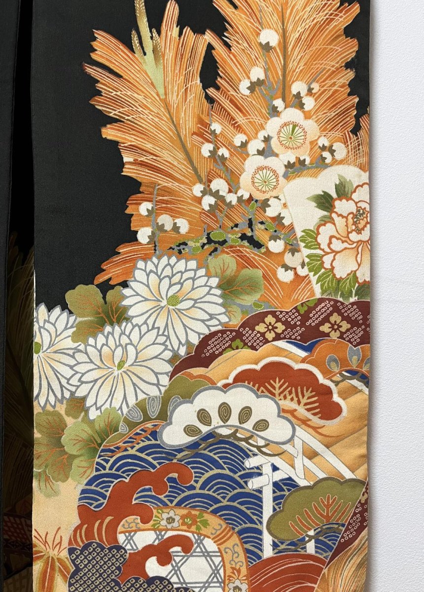 Photo6: JAPANESE KIMONO SILK ANTIQUE FURISODE / BLACK / SHO-CHIKU-BAI / GOSYOGURUMA  (6)