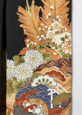 Photo6: JAPANESE KIMONO SILK ANTIQUE FURISODE / BLACK / SHO-CHIKU-BAI / GOSYOGURUMA  (6)