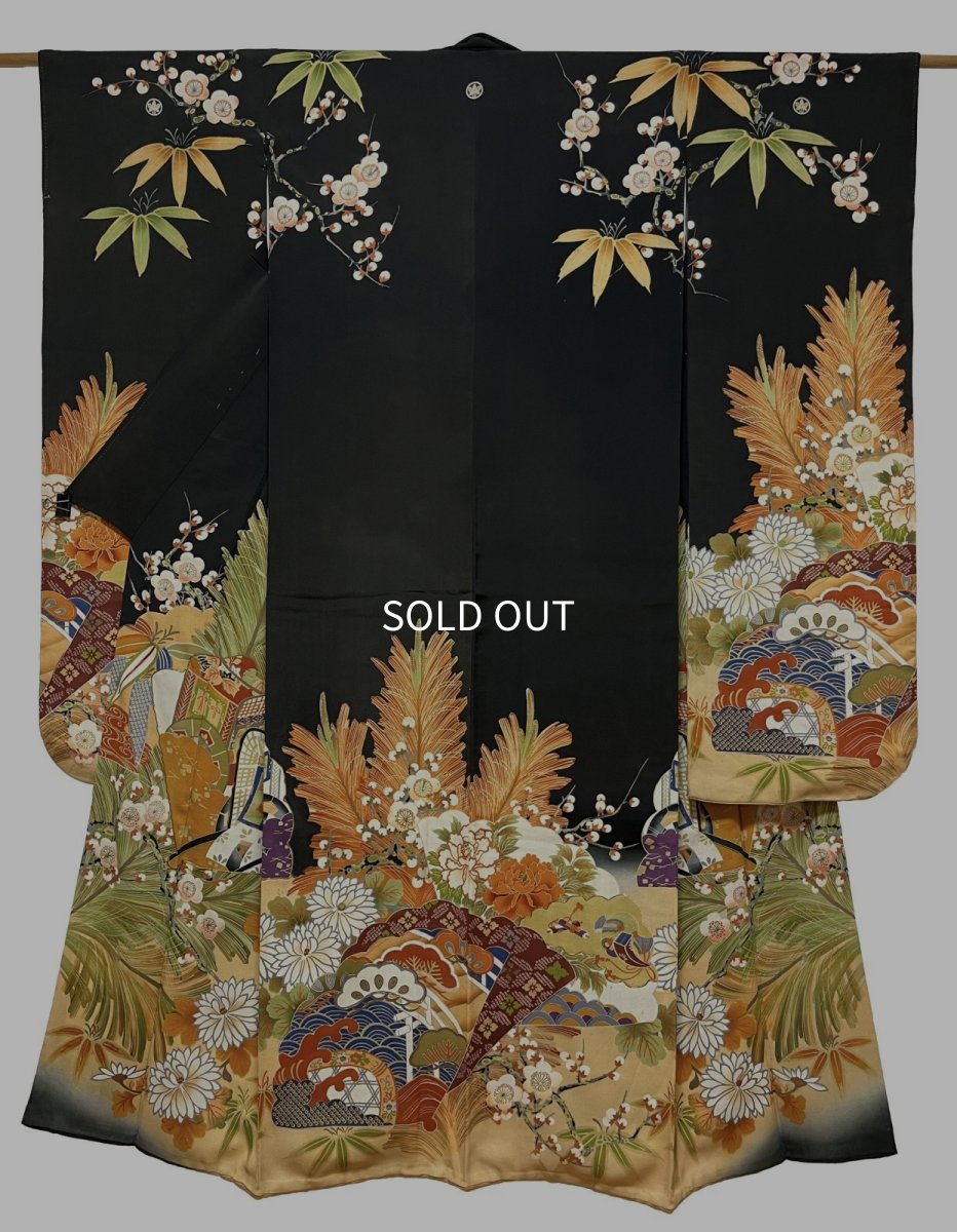 Photo1: JAPANESE KIMONO SILK ANTIQUE FURISODE / BLACK / SHO-CHIKU-BAI / GOSYOGURUMA  (1)