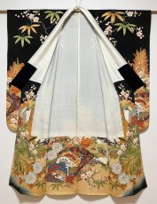 Photo3: JAPANESE KIMONO SILK ANTIQUE FURISODE / BLACK / SHO-CHIKU-BAI / GOSYOGURUMA  (3)